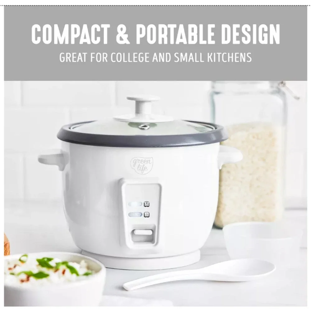 New GreenLife 1.5qt Rice Cooker in White Ceramic Nonstick Keep Warm Open Box